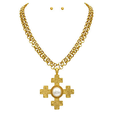 Gold Cross Pendant Necklace and Earrings