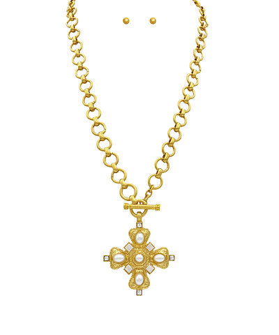 Gold Cross Pendant Necklace and Earrings