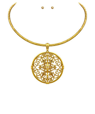Gold Medallion Necklace and Earrings