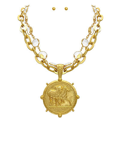 Gold Medallion Necklace with Earrings