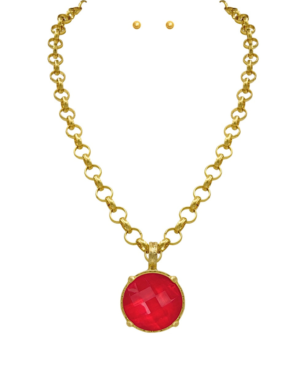 Gold Stone Pendant Necklace and Earrings