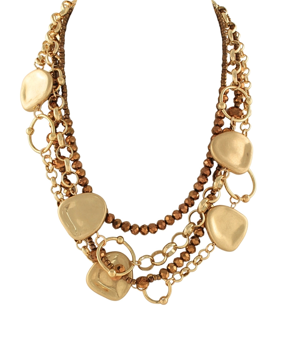 Layered Gold & Brown Beaded Statement Necklace