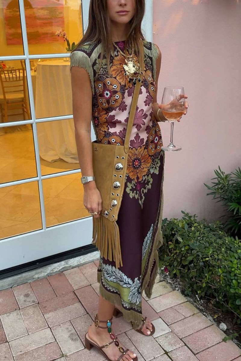 Fringe-Trim Floral Shift Dress