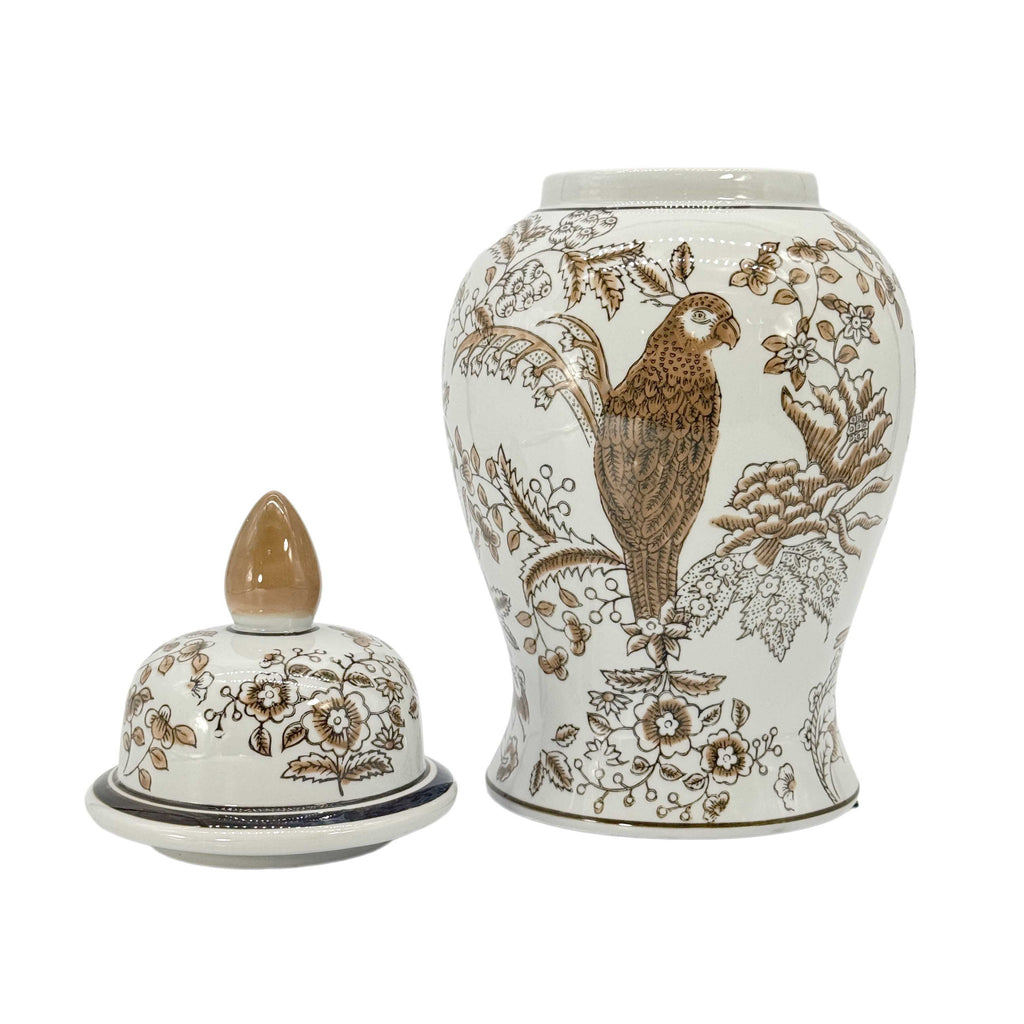 Brown & White Parrot Chinoiserie Ginger Jar 14"