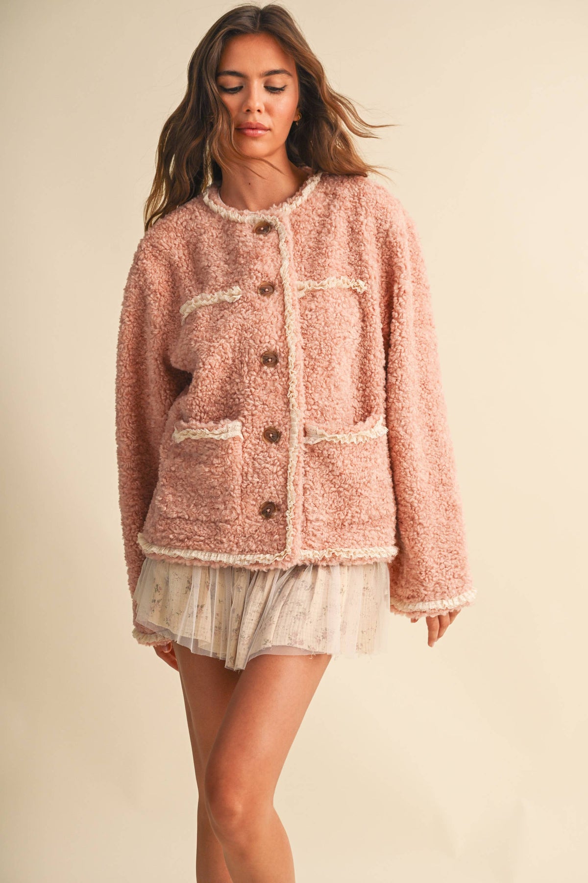 SHERPA JACKET WITH LACE TRIM