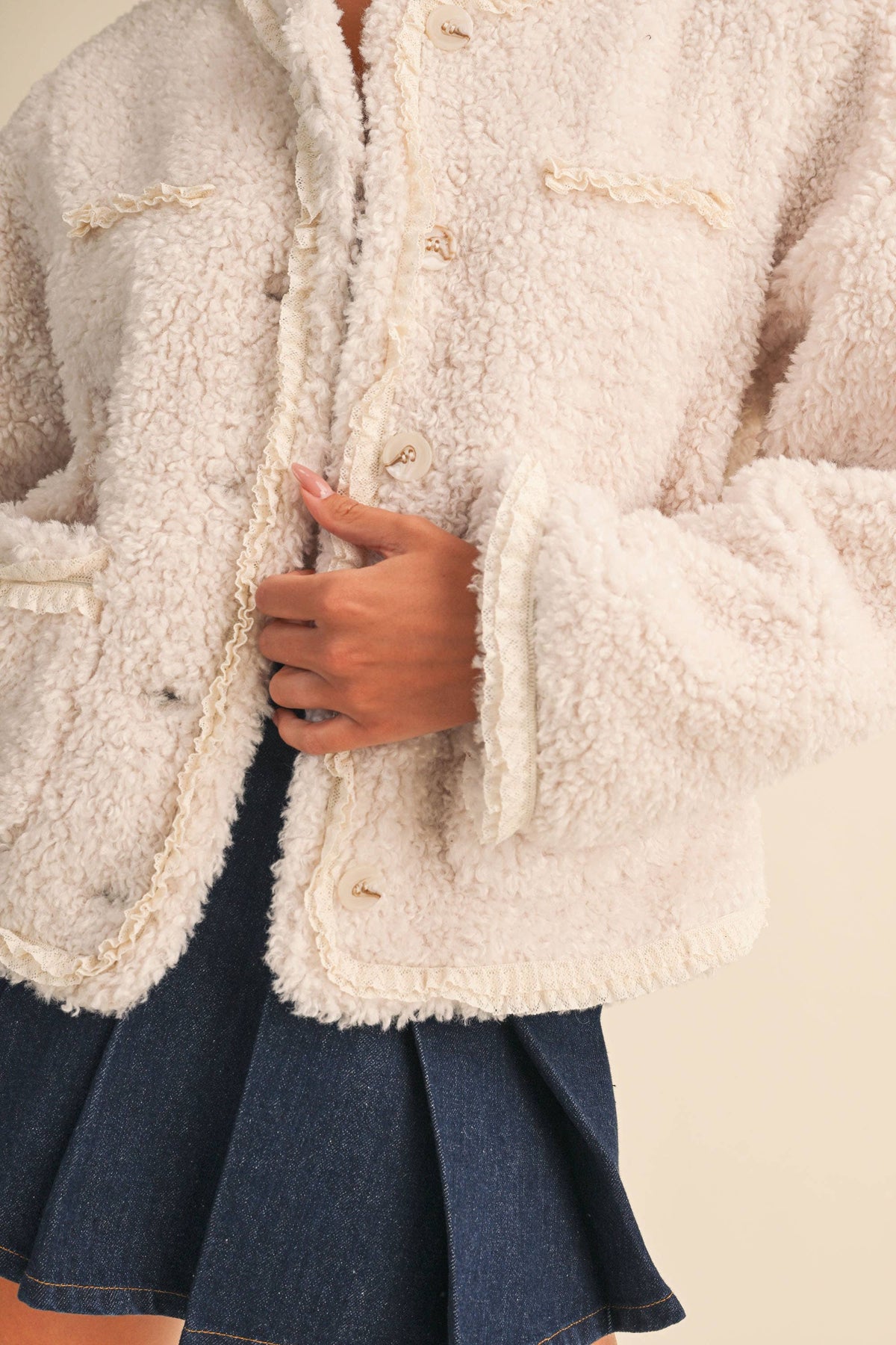 SHERPA JACKET WITH LACE TRIM