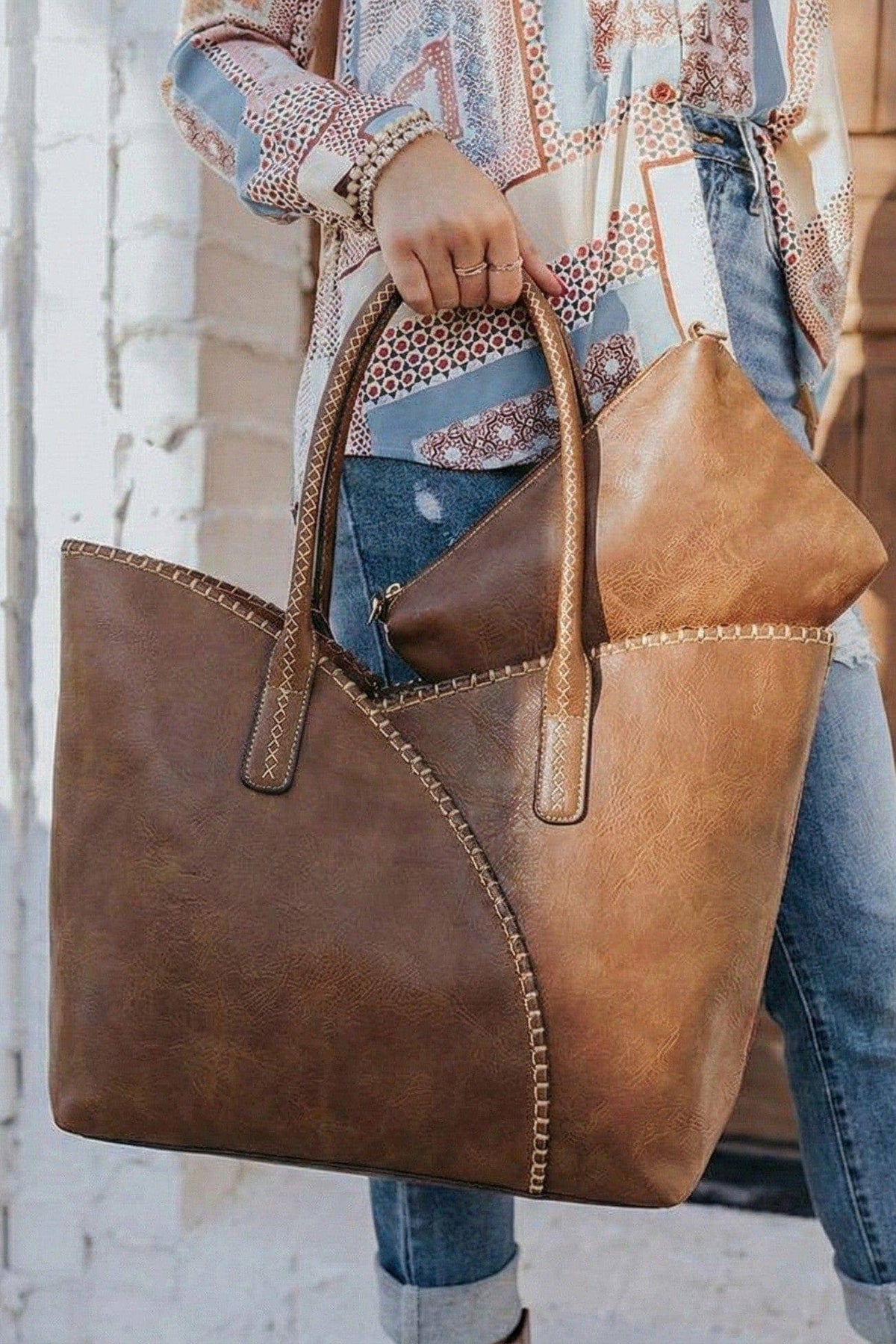 2-in-1 Stitch Trim Detail Shoulder/Tote Set Bag