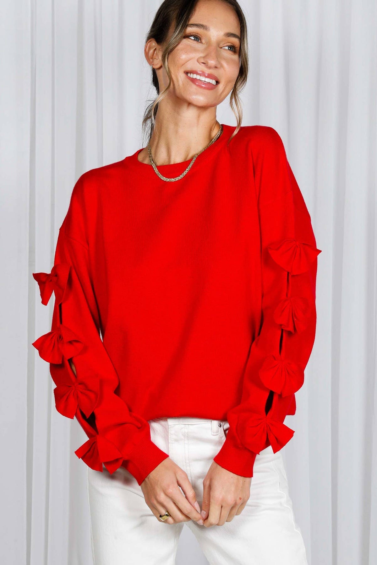 Bow Embellished Long-Sleeve Knit Sweater