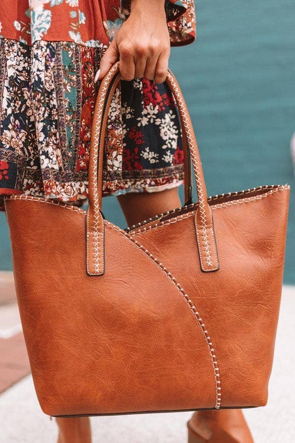 2-in-1 Stitch Trim Detail Shoulder/Tote Set Bag