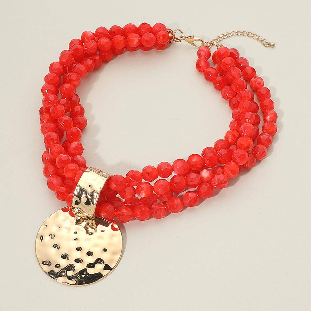 Bold Hammered Metal Disc Accent Chunky Beaded Multi Strand Statement Necklace