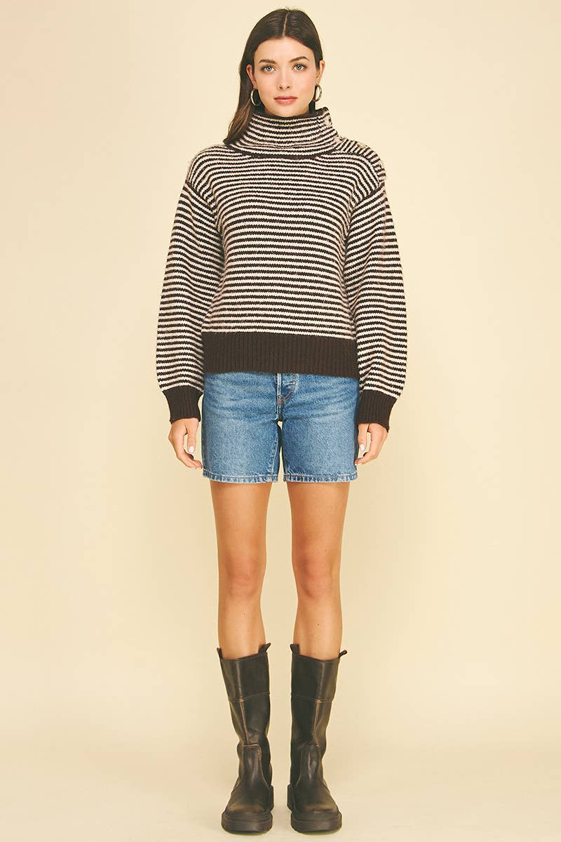 STRIPED BUTTON DETAILED MOCK NECK SWEATER