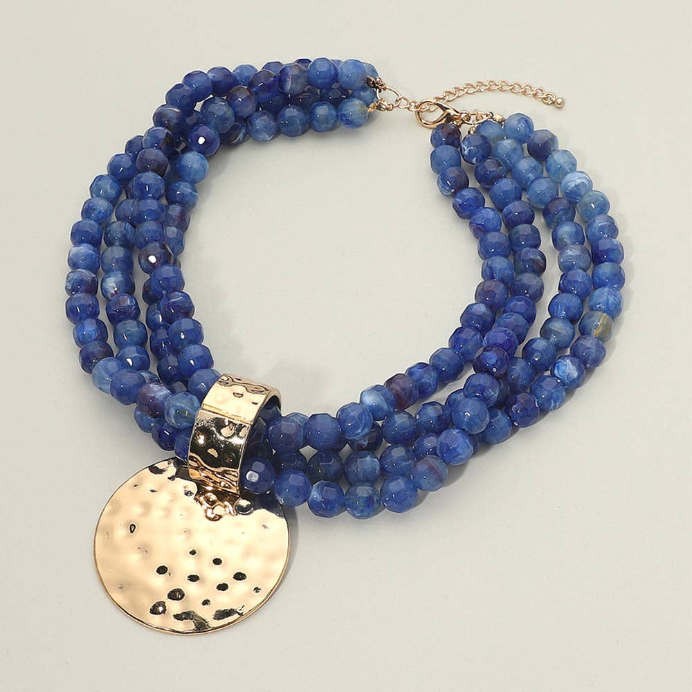 Bold Hammered Metal Disc Accent Chunky Beaded Multi Strand Statement Necklace