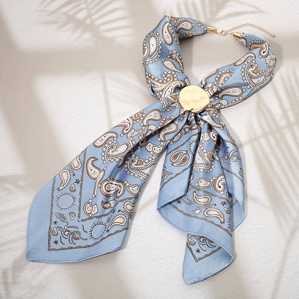 Hammered Metal Round Scarf Ring Accent Printed Fabric Scarf Necklace