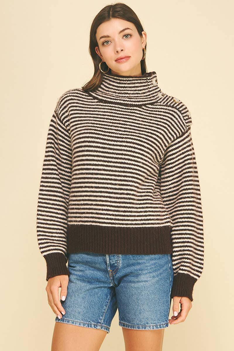 STRIPED BUTTON DETAILED MOCK NECK SWEATER