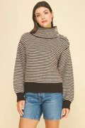 STRIPED BUTTON DETAILED MOCK NECK SWEATER