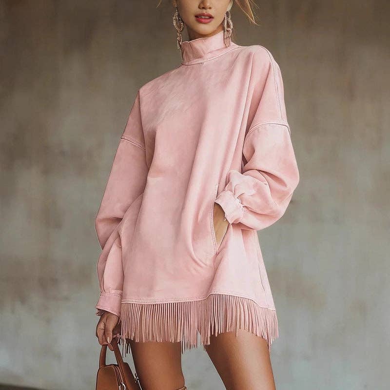 High Neck Loose Fit Fringed Suede Dress with Pockets