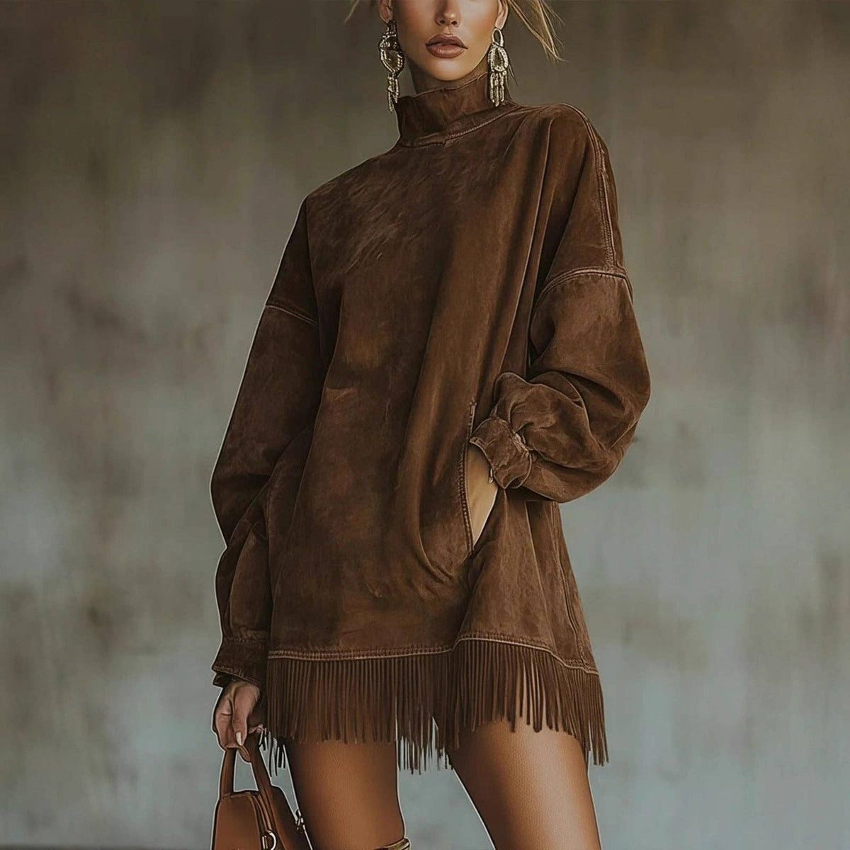 High Neck Loose Fit Fringed Suede Dress with Pockets