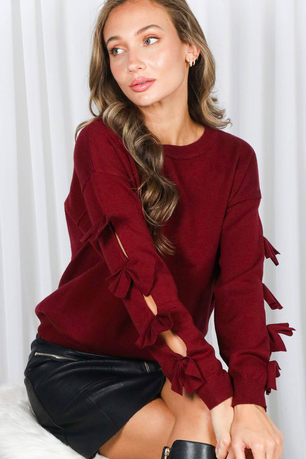 Bow Embellished Long-Sleeve Knit Sweater