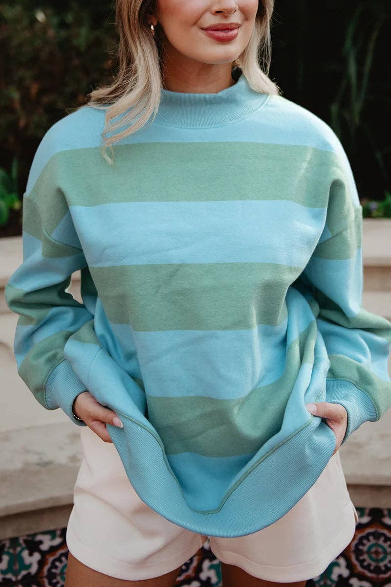 Aqua and Green Striped Mockneck Sweatshirt Women
