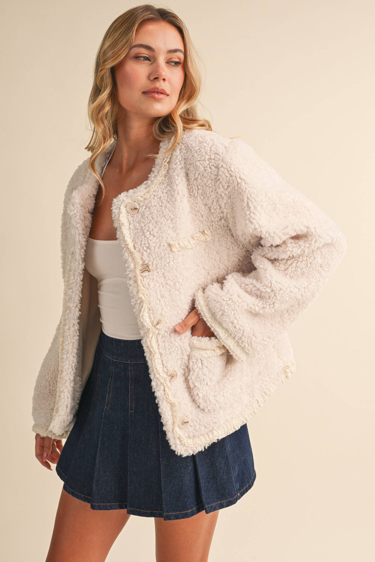 SHERPA JACKET WITH LACE TRIM
