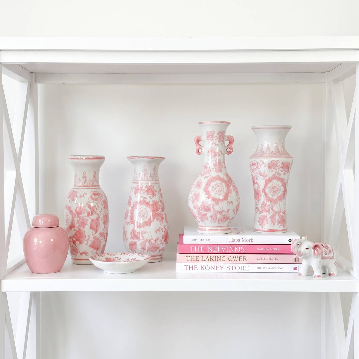 8" Pink & White Ceramic Chinoiserie Vases - Set of 4