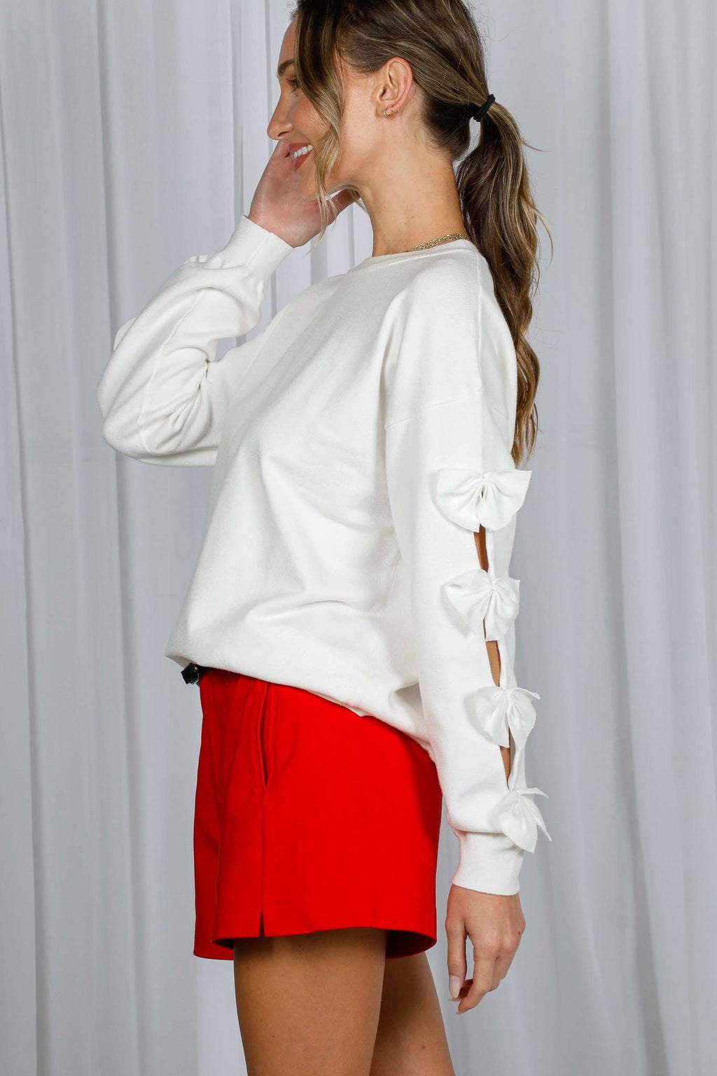 Bow Embellished Long-Sleeve Knit Sweater