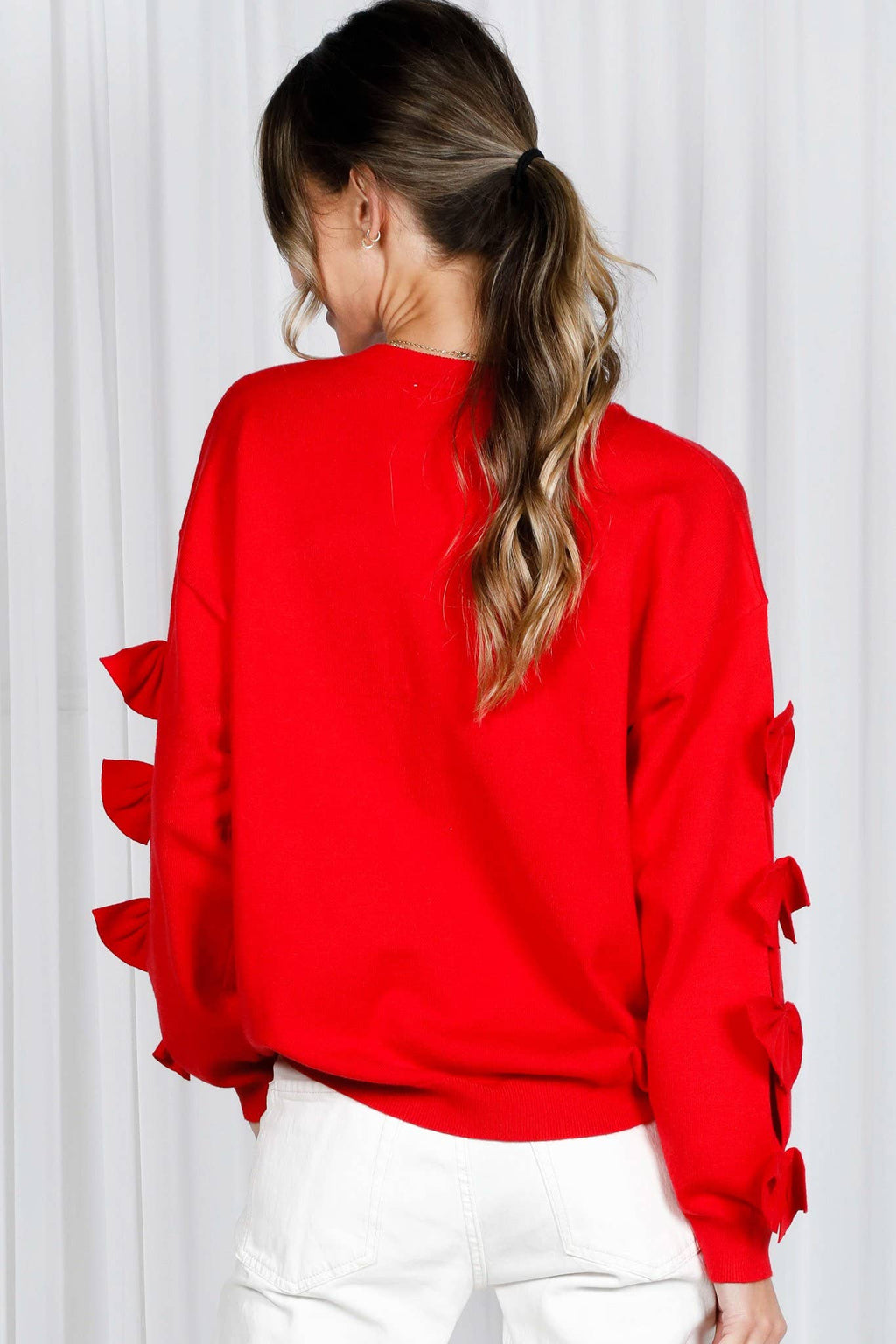 Bow Embellished Long-Sleeve Knit Sweater