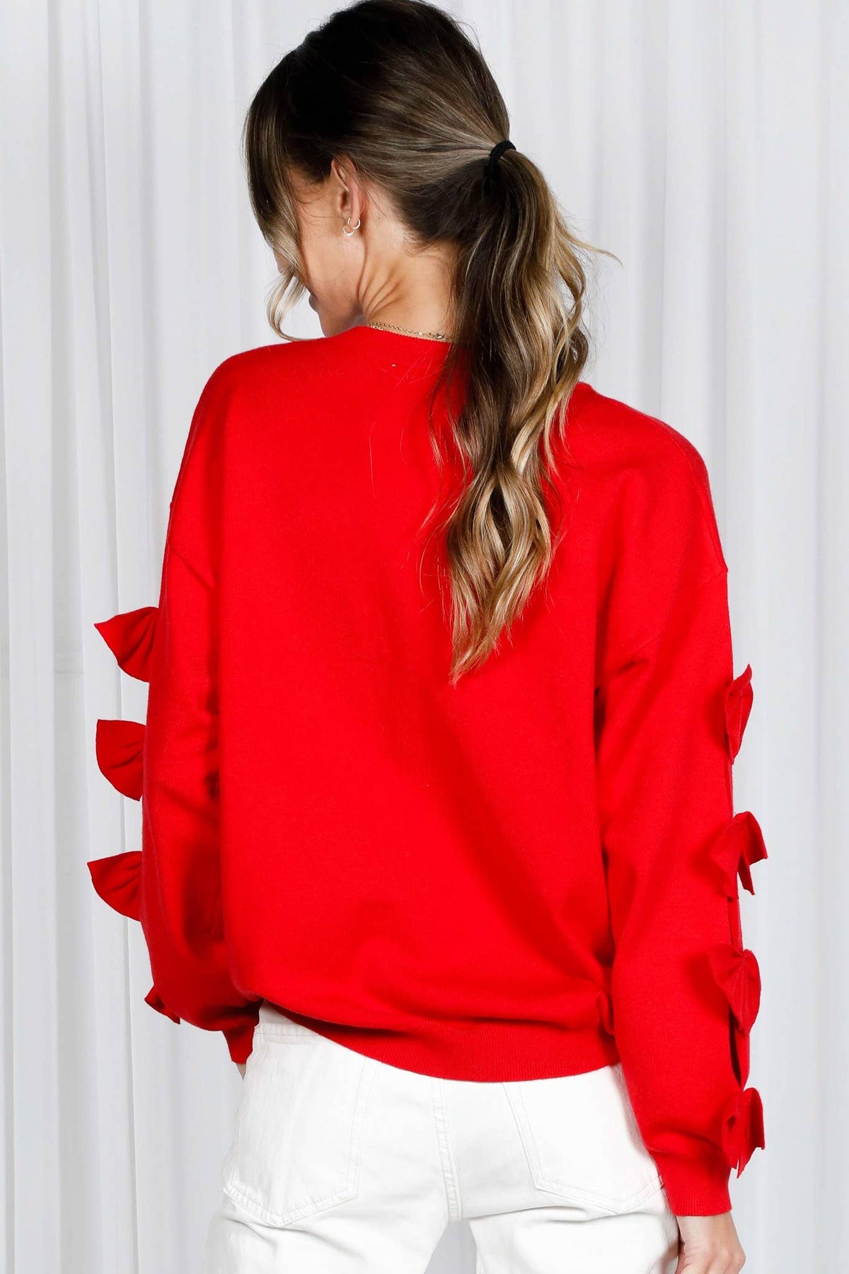 Bow Embellished Long-Sleeve Knit Sweater