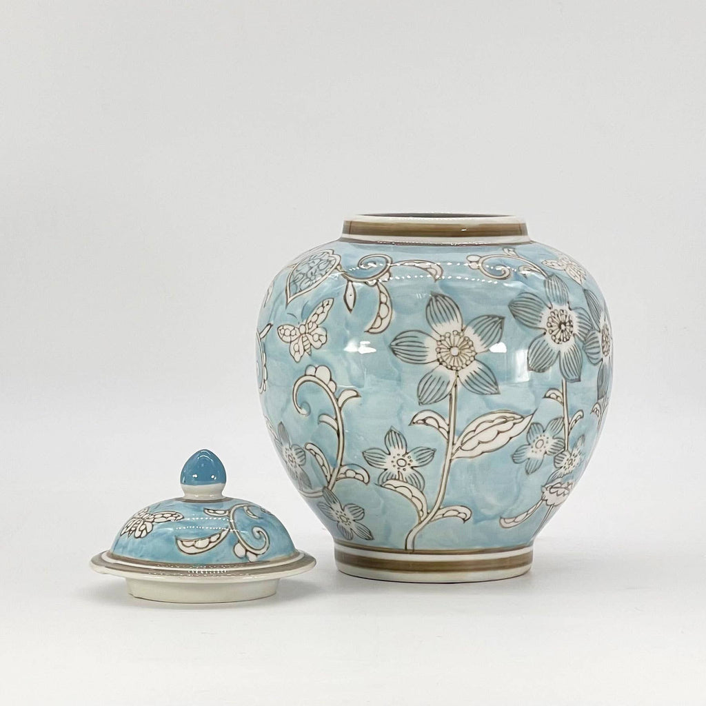 Light Blue & White Ceramic Chinoiserie Ginger Jar 10"