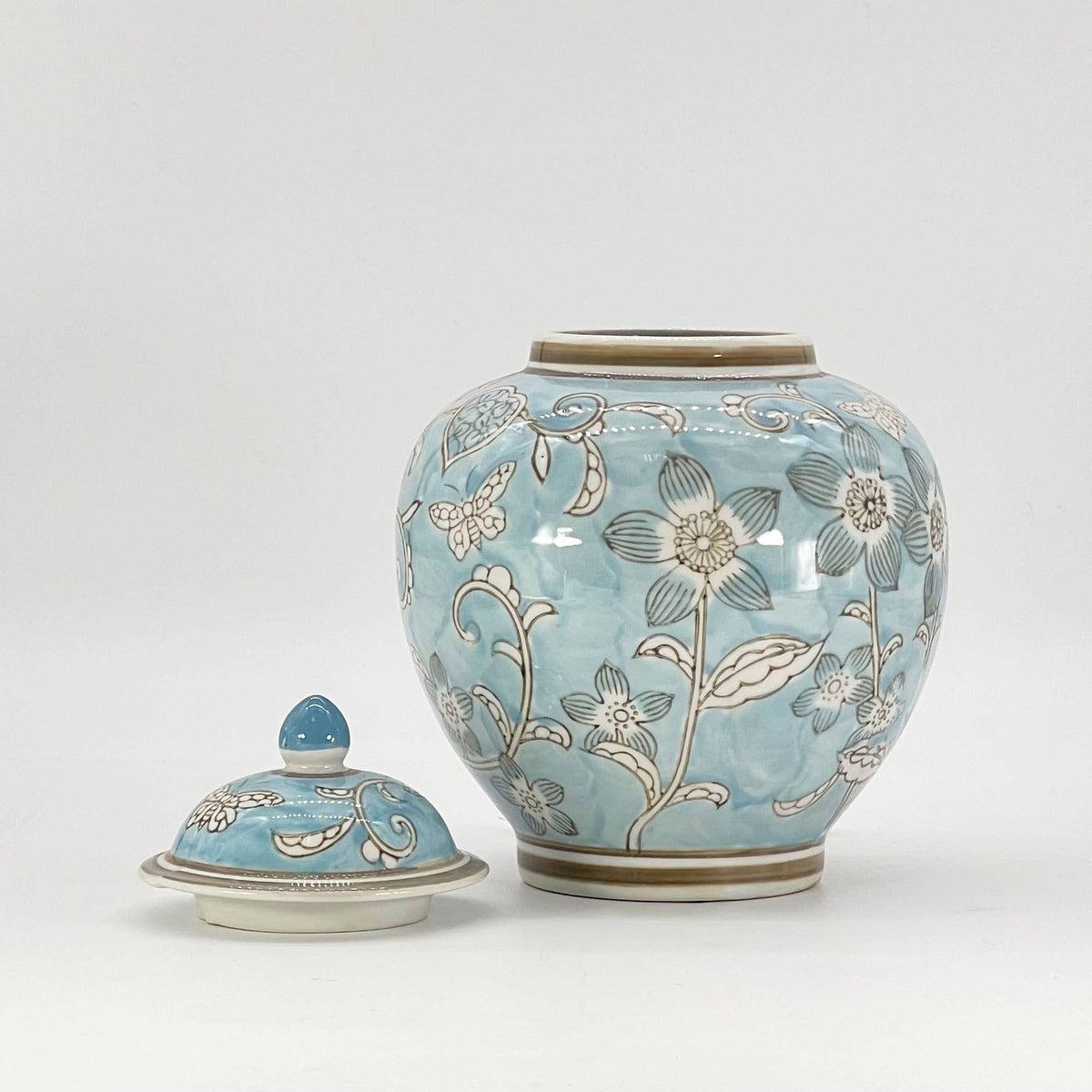 Light Blue & White Ceramic Chinoiserie Ginger Jar 10"