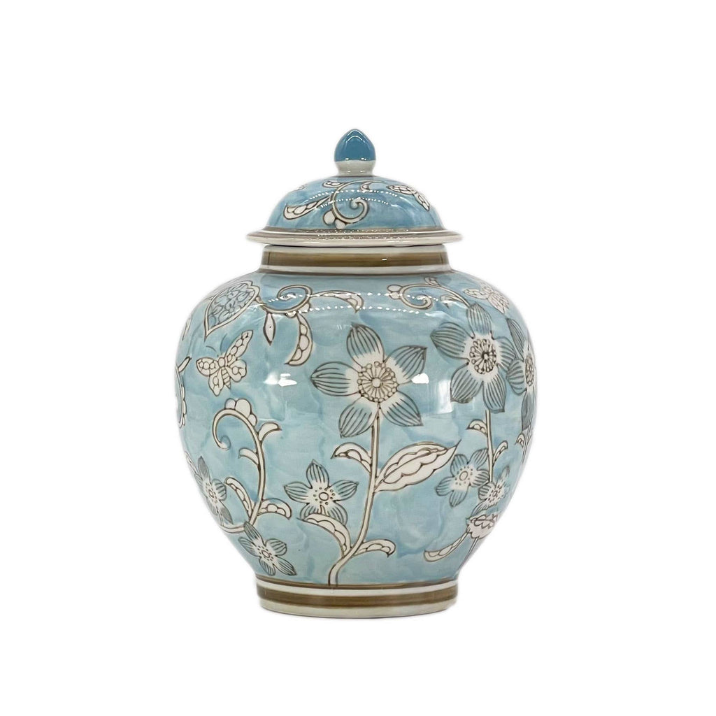Light Blue & White Ceramic Chinoiserie Ginger Jar 10"