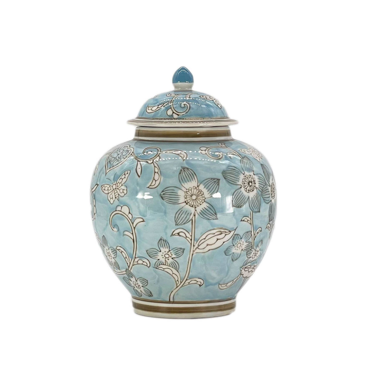 Light Blue & White Ceramic Chinoiserie Ginger Jar 10"