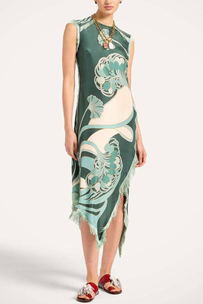 Fringe-Trim Floral Shift Dress