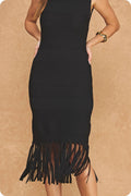 Textured Knit Fringe Midi Dress
