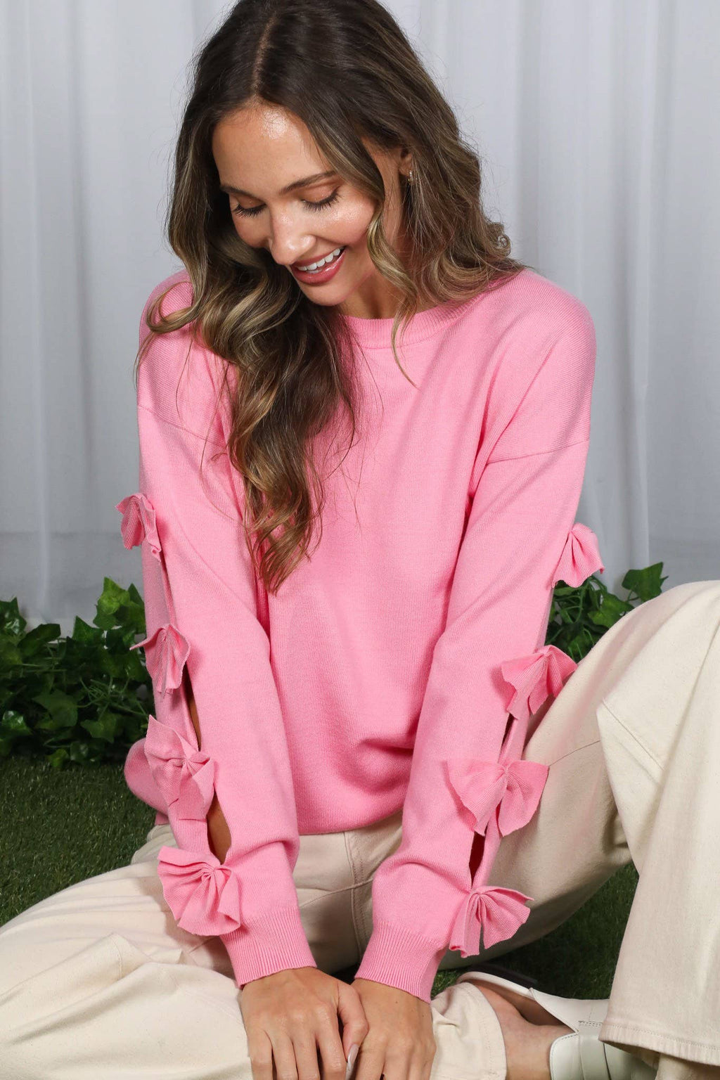 Bow Embellished Long-Sleeve Knit Sweater
