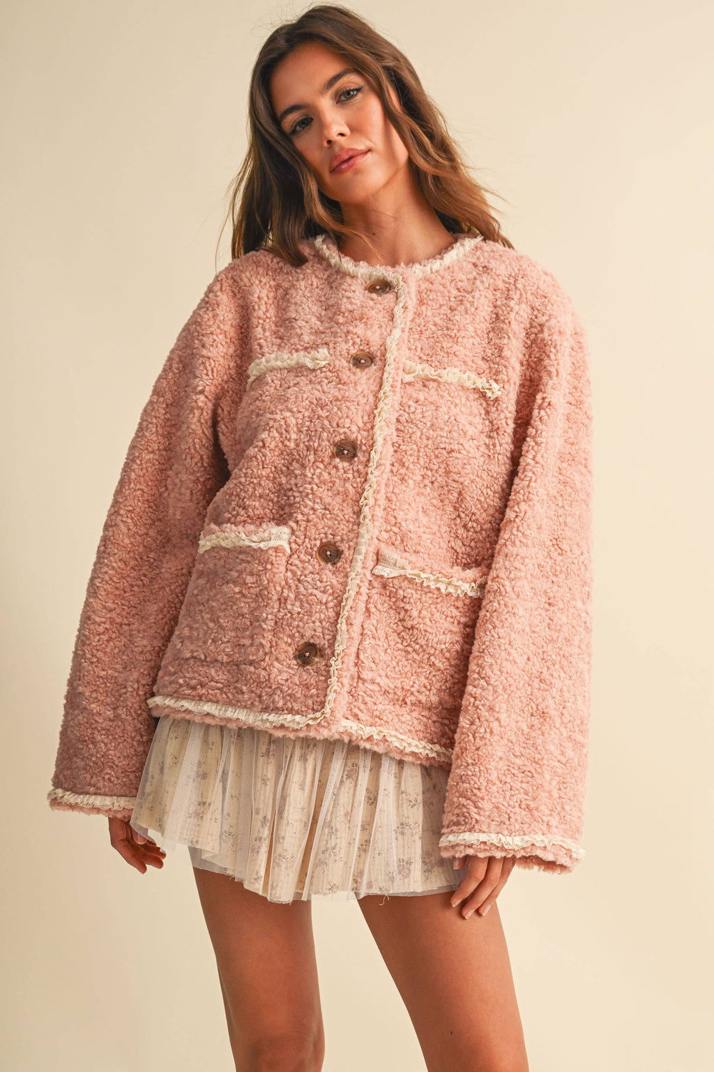 SHERPA JACKET WITH LACE TRIM