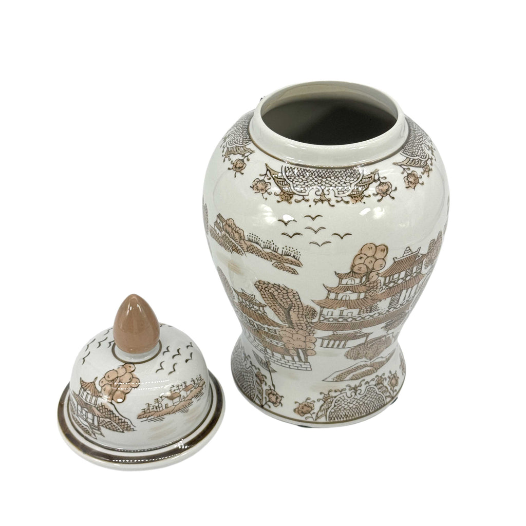 Brown & White Landscape Chinoiserie Ginger Jar 14"