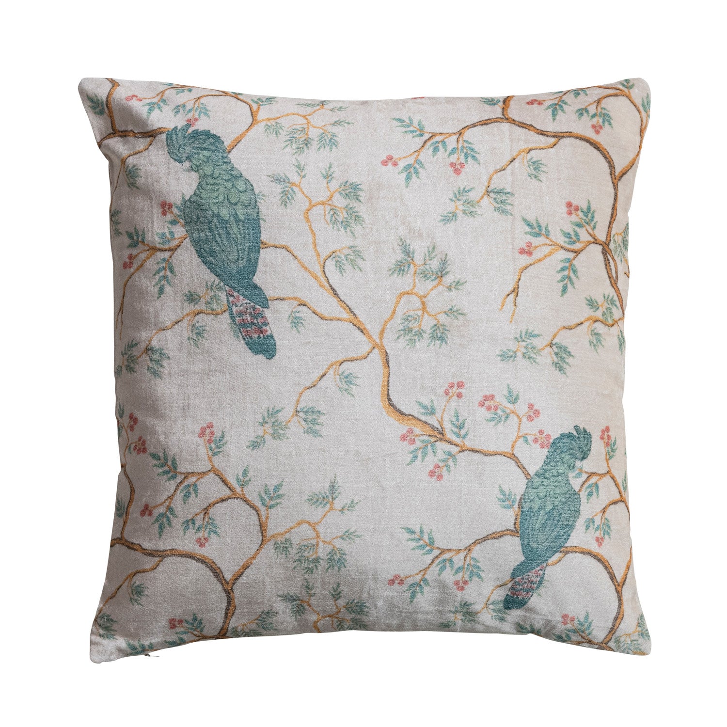 Velvet Botanical Bird Throw Pillow