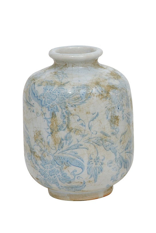 Distressed Blue & White Ceramic Bud Vase