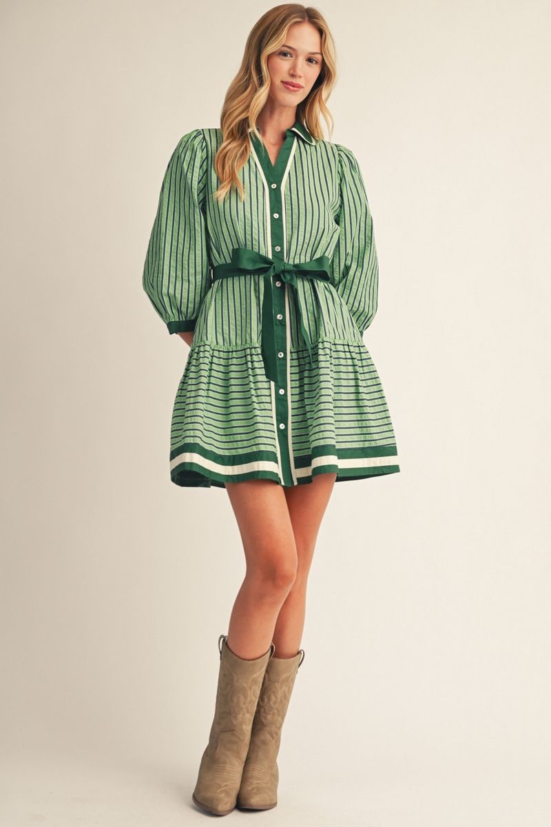 Green Stripe Belted Mini Dress