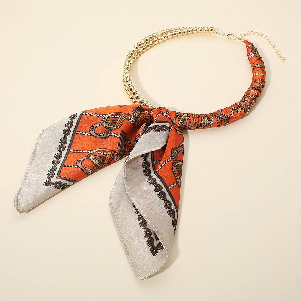 Abstract Pattern Fabric Scarf Double Bubble Chain Necklace