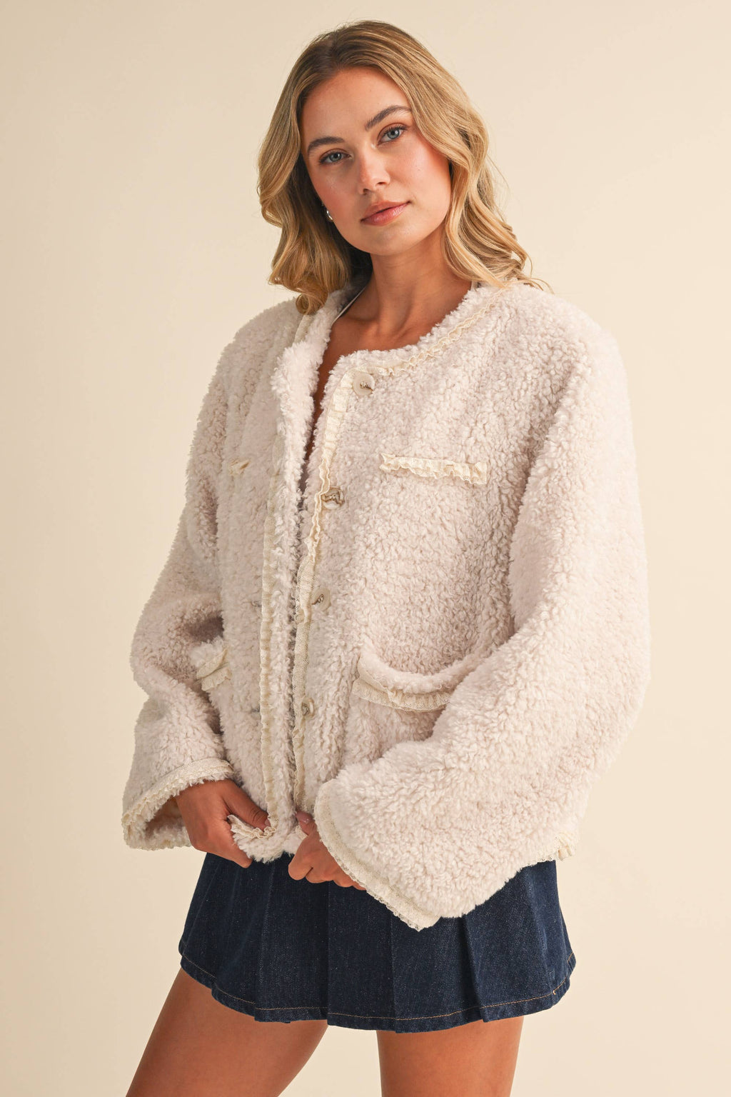SHERPA JACKET WITH LACE TRIM