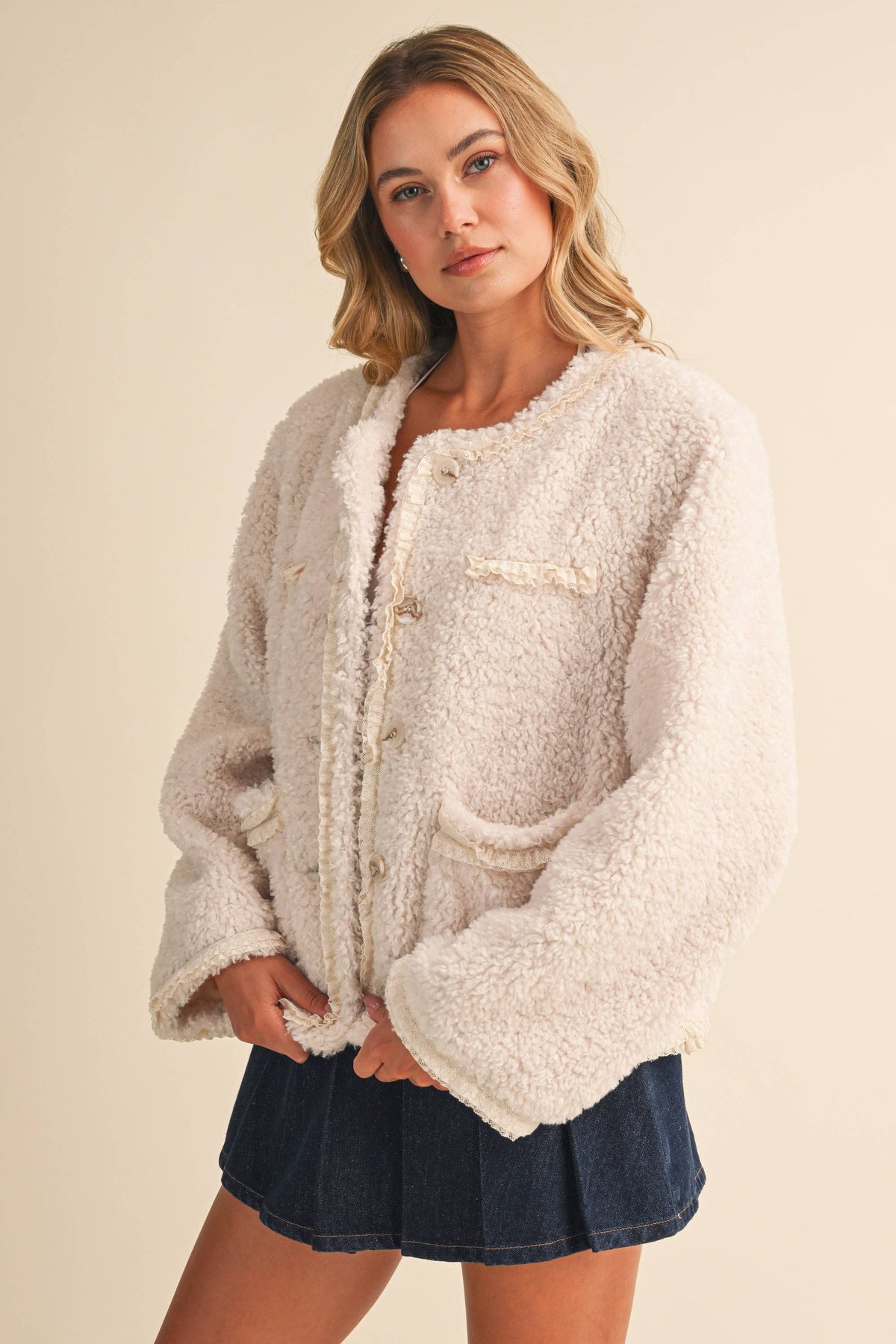 SHERPA JACKET WITH LACE TRIM