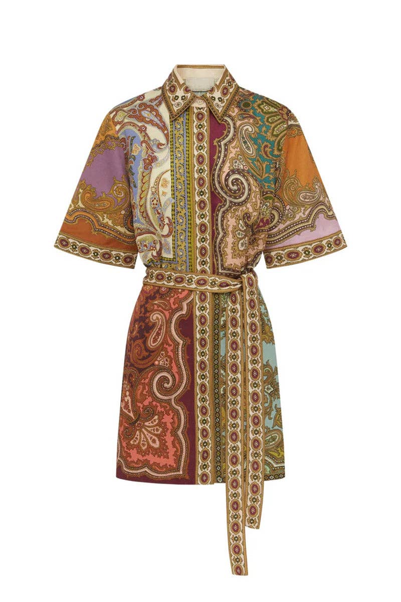 Paisley Print Belted Shirt Dress