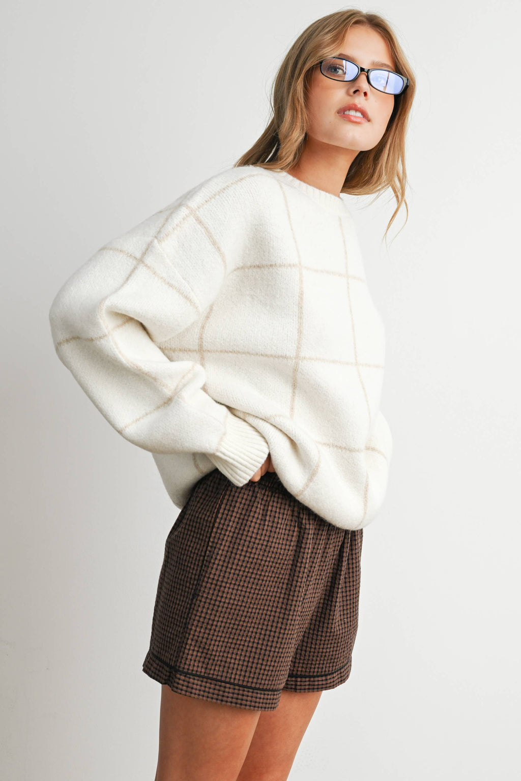 Checkered Crew Neck Knit Sweater - BMW8077