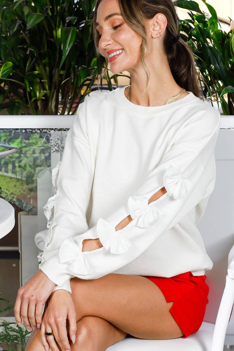 Bow Embellished Long-Sleeve Knit Sweater