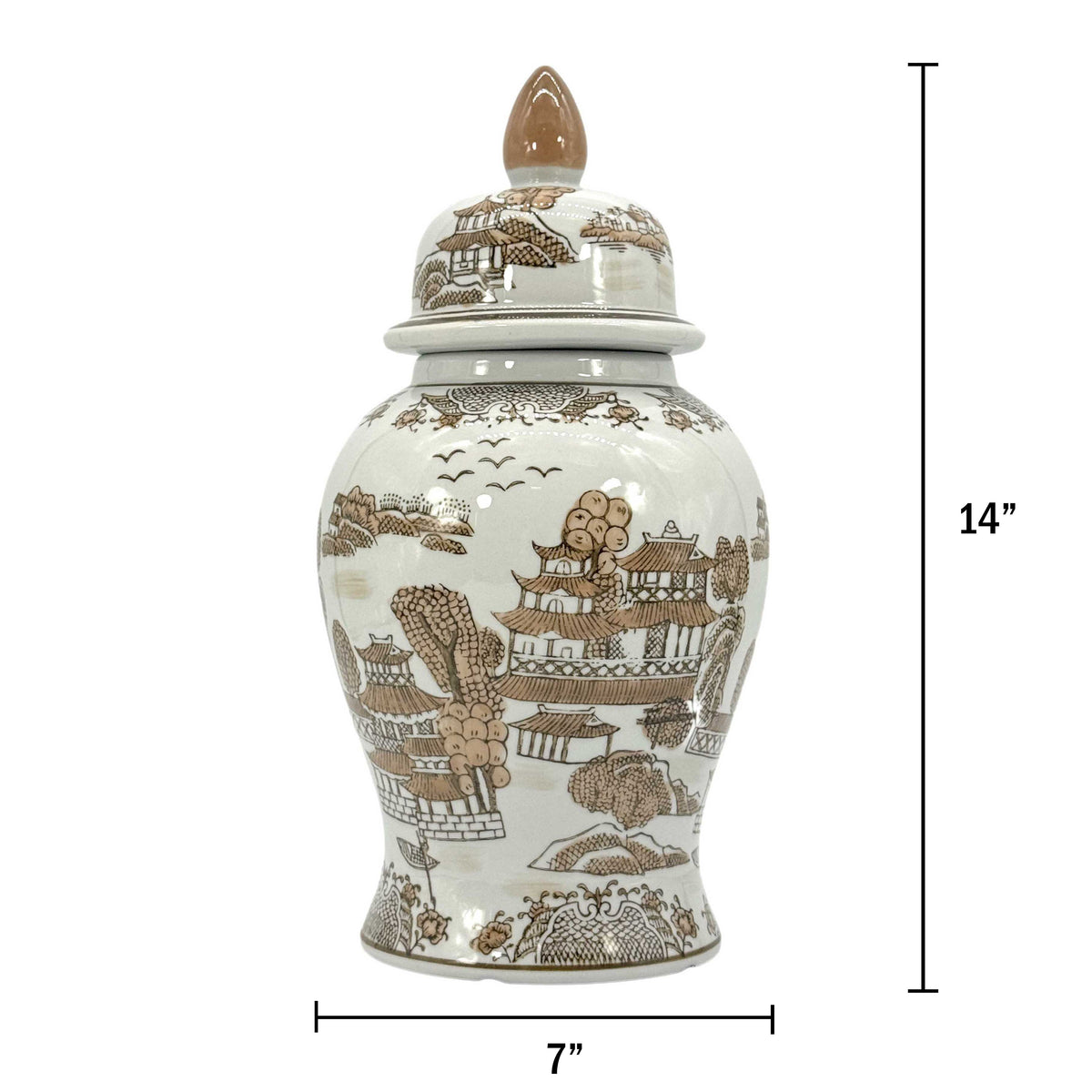 Brown & White Landscape Chinoiserie Ginger Jar 14"