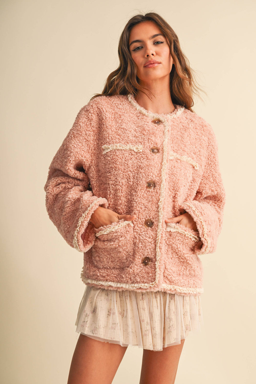 SHERPA JACKET WITH LACE TRIM