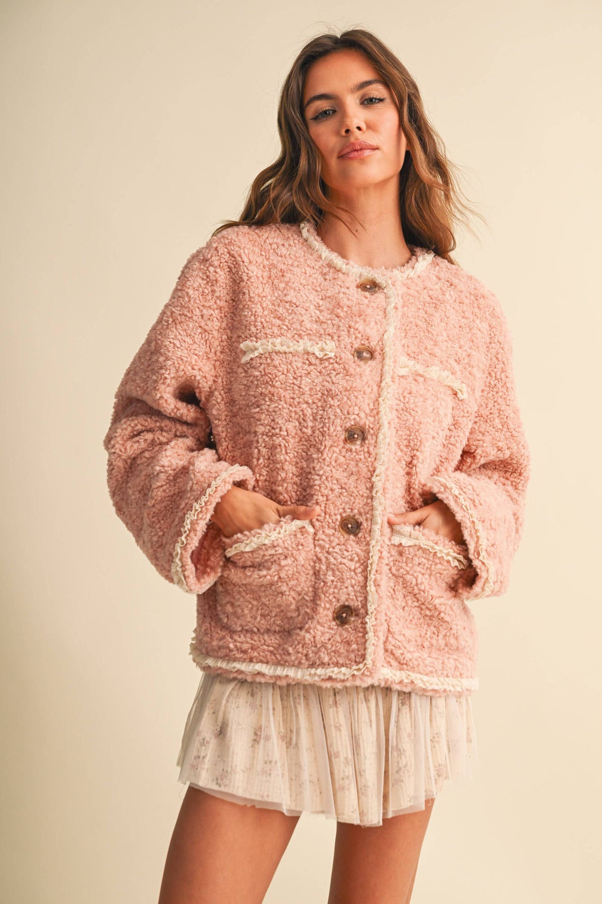 SHERPA JACKET WITH LACE TRIM