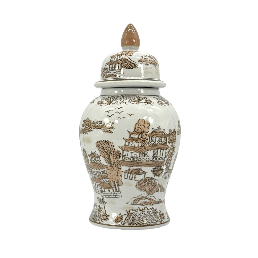 Brown & White Landscape Chinoiserie Ginger Jar 14"